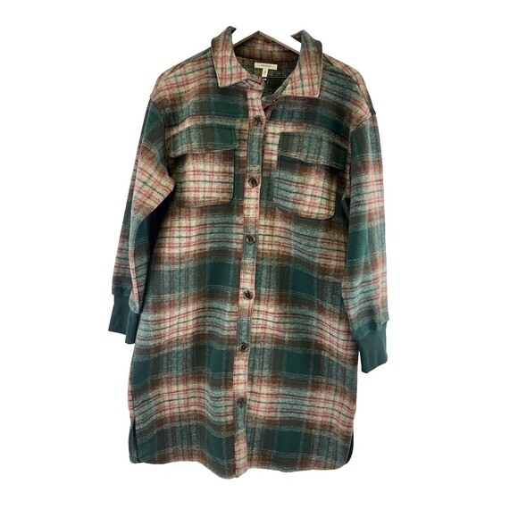 Maurices Green Plaid Longline Shacket Button Down Collared Rib Cuff Women Medium - Picture 2 of 13